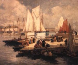 Figures On A Jetty With Sailing Vessels