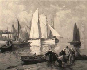 Brittany Fisherfolk By A Harbour by Henri Alphonse Barnoin