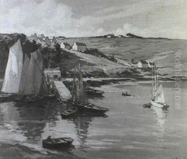 Fishing Smacks Moored In A Harbour With Cottages Beyond - view 1