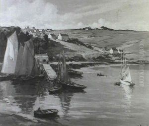 Fishing Smacks Moored In A Harbour With Cottages Beyond by Henri Alphonse Barnoin