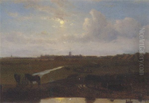 A Moonlit Polder Landscape, A Windmill In The Distance - view 1