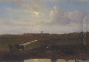 A Moonlit Polder Landscape, A Windmill In The Distance by Nicolas Cz Barnouw