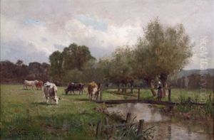 Cows And Herdess In Pasture by James Macdonald Barnsley