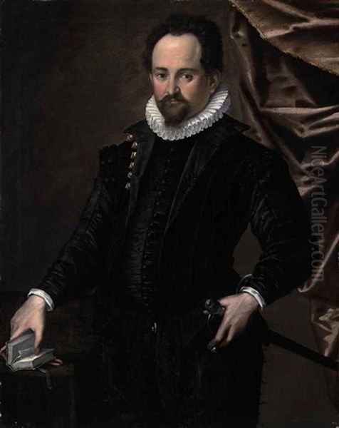 Portrait Of A Gentleman In An Embroidered Black Doublet And White Ruff, Standing By A Table, His Right Hand On A Book And His Left On His Sword, By... - view 1