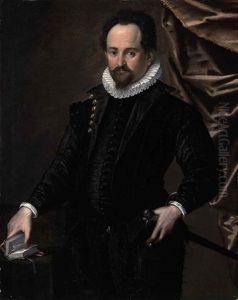 Portrait Of A Gentleman In An Embroidered Black Doublet And White Ruff, Standing By A Table, His Right Hand On A Book And His Left On His Sword, By... by Federico Barocci