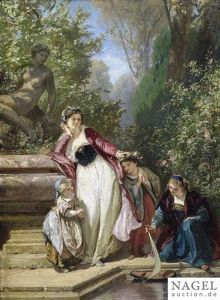 An Elegant Lady With Her Children At A Fountain In Front Of A Park Landscape by Henri Charles Antoine Baron