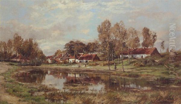 Cottages By A Pond In A Valley, With Washerwomen Bleaching Linen - view 1