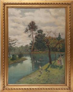 Laghetto Con Cigni Olio Su Tela by Carlo Adolfo Barone