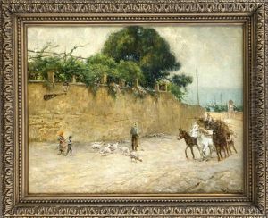 Italienische Strasenszene Mit Ochsenkarren by Carlo Adolfo Barone