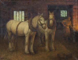 Two White Horses In The Blacksmith's Shop by William Barr