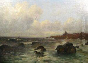 Sailboat Near Coastal Village by William Barr
