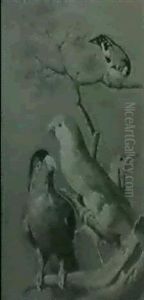 Deux Perroquets Sur Une Branche Avec Deux Autres Oiseaux by Jacques Barraband