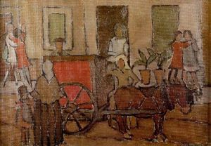 Escena De Calle En Barcelona Con Carro Organillero by Rafael Barradas