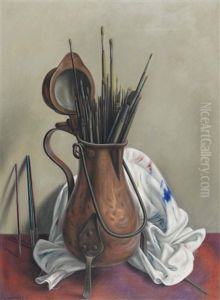 Stillleben Mit Malpinseln In Einer Kupferkanne