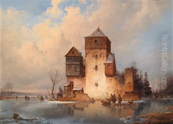 Winterlandschaft Mit Eislaufern Vor Einer Burg - view 1