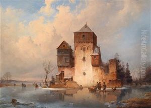 Winterlandschaft Mit Eislaufern Vor Einer Burg