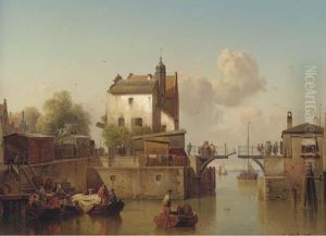 A Canal With Figures Embarking On Fishing Boats And Others On Thelocke