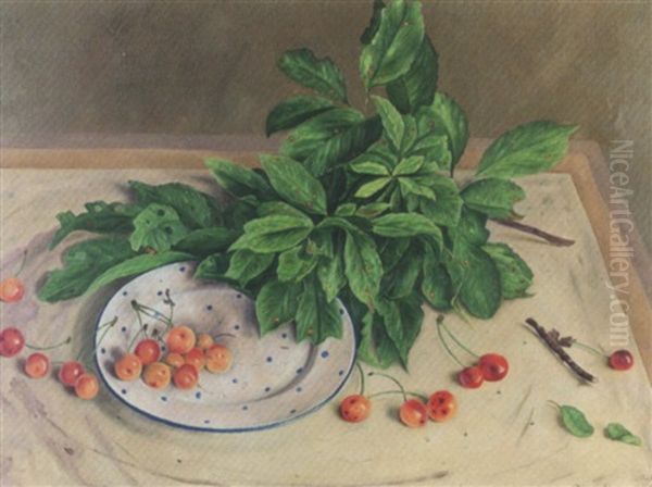 Stilleben Mit Kirschen, Ast Und Teller - view 1