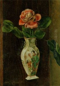 Stilleben Mit Rose In Szenische Bemalter, Chinesischer Vase