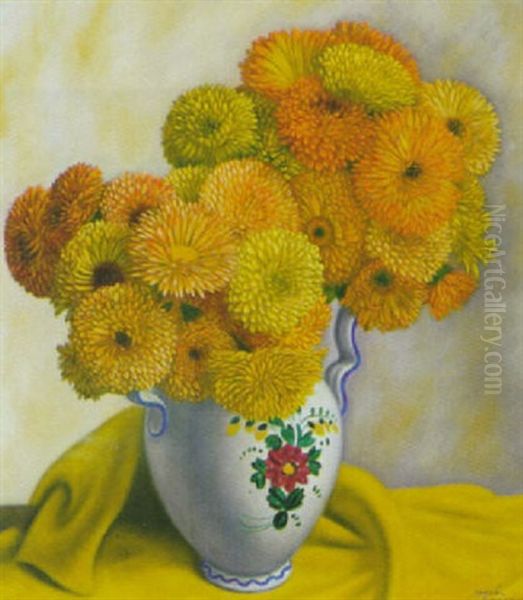 Stilleben Mit Chrysanthemen In Grosser Henkelvase - view 1