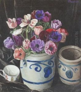 Stillleben Mit Anemonen Und Steinguttopfen