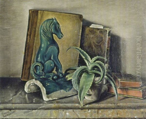 Stilleben Mit Buchern, Chinesischem Dachreiter Und Aloe - view 1