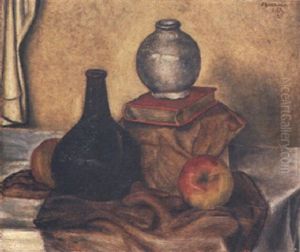 Stilleben Mit Zwei Vasen, Buch Und Apfeln by Francois Emile Barraud