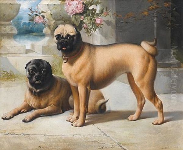 The Pugs "bloom" And "blanche" On The Steps Of A Country House - view 1