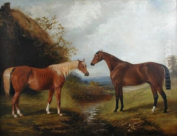 A Chestnut Hunter And A Dark Bay Hunter In A Landscape By A Brook - view 1