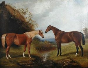 A Chestnut Hunter And A Dark Bay Hunter In A Landscape By A Brook by Henry Barraud