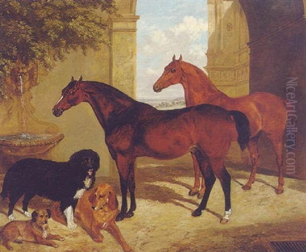 A Bay And A Chestnut Hunter With Dogs In A Courtyard - view 1