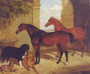 A Bay And A Chestnut Hunter With Dogs In A Courtyard by Henry Barraud