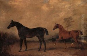 Study Of A Bay Hunter And A Chestnut Hunter In A Wooded River Landscape by Henry Barraud