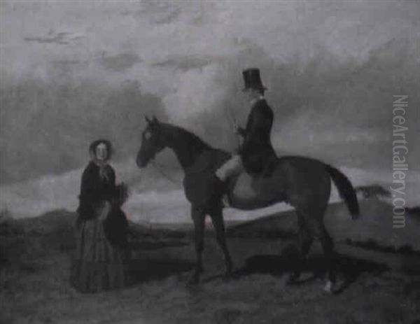 Gentleman On Bay Hunter With Lady Offering Sugar Lumps To Horse - view 1