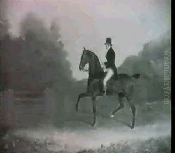 Portrait Of A Gentleman On Horseback, Riding On A Track, A Fence Beyond - view 1