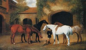 Grooms With Hunters Outside A Stable Grooms With Hunters Outside A Stable