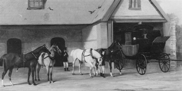Coach Horses Being Made Ready In A Stable Yard - view 1