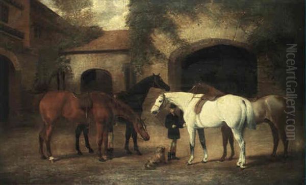 Grooms With Hunters In A Courtyard - view 1