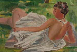 Tanzerin In Weissem Tutu Im Sommerlichen Garten. Verso: Landschaft Mit Pferdegespann (studie) by Maurice Barraud