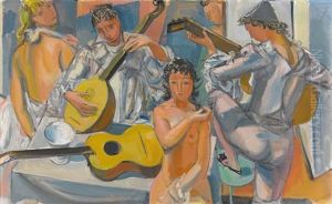 Nus Et Arlequins A La Guitare by Maurice Barraud