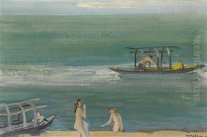 Boote Und Badende Am Lago Maggiore by Maurice Barraud