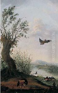 Canards Et Heron Pres D'un Etang by Carl Adolph