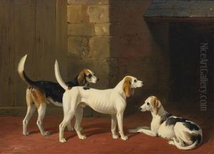 Three Fox Hounds In A Paved Kennel Yard by William Barraud