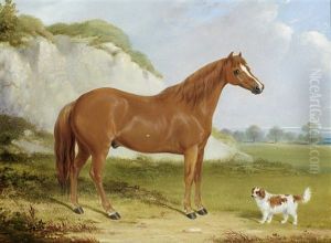 A Chestnut Horse And Spaniel In A Landscape by William Barraud
