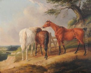 Horses Eating Hay Beside A Tree With Two Further Horses Galloping Beyond by William Barraud