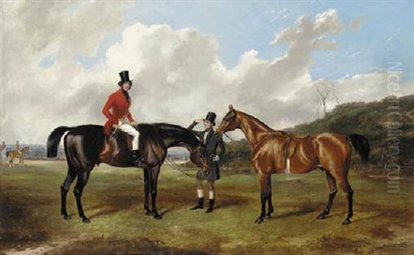 Portrait Of James Rait On "his Grace" At Moncreiffe, With His Groom, William Malcolm Holding A Chestnut Hunter - view 1