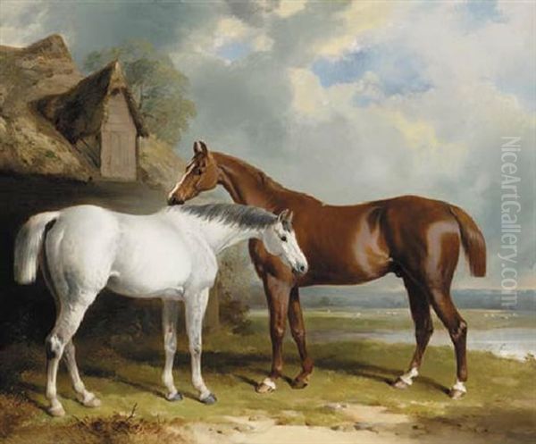 A Grey Hunter And A Chesnut Hunter Beside A Barn In A Landscape - view 1