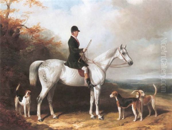 William Long, Huntsman To The Beaufort, On His Grey Hunter "bertha" With Three Hounds - view 1
