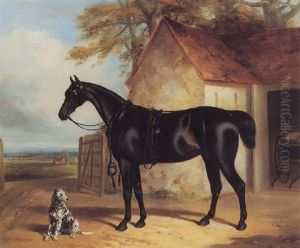 A Bay Hunter Before A Stable With A Dalmatian