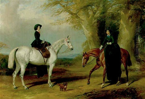 Mrs. Samuel Block And Her Step-daughter Agnes, Later Mrs. Thomas Saumarez, On Hunters, With A Spaniel, In An Extensive Wooded Landscape - view 1